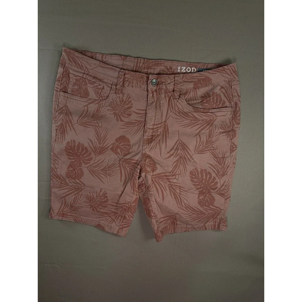 IZOD Mens Slim Fit Comfort Stretch Tropical Palm Leaf Shorts Peach 36 Coastal